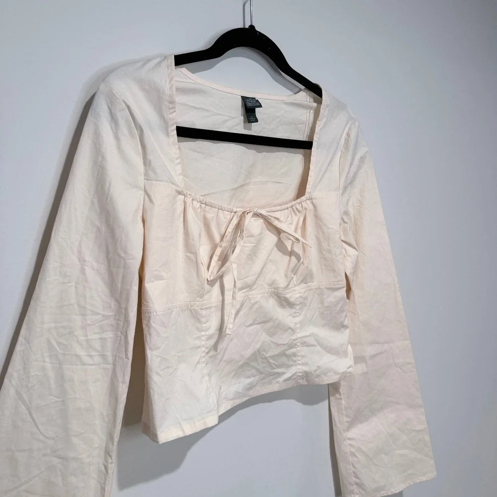 WILD FABLE Square‎ Neck Tie Front Long Sleeve Cropped Blouse Top Peach Size M